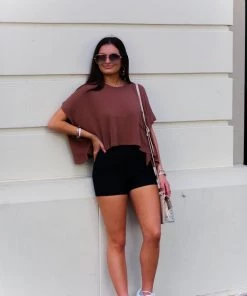 Mono B Mauve Boxy Style Basic Cropped Tee Women's Clothing