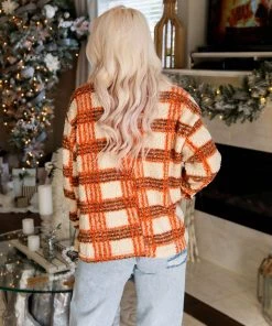 HYFVE Orange Plaid Sherpa Shacket Women's Clothing