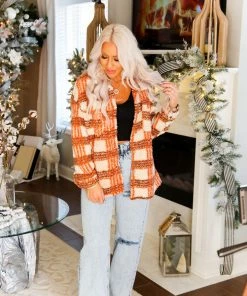 HYFVE Orange Plaid Sherpa Shacket Women's Clothing