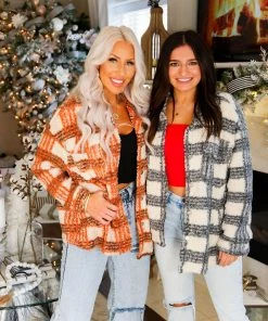 HYFVE Orange Plaid Sherpa Shacket Women's Clothing