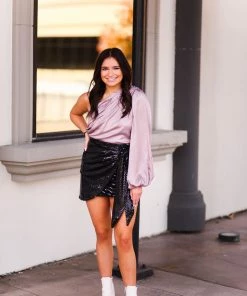 HYFVE Mauve Satin One Shoulder Cropped Blouse