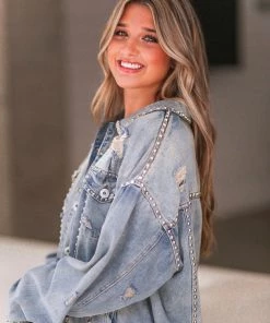 POL Medium Wash Studded Denim Jacket