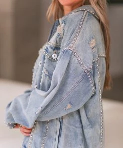 POL Medium Wash Studded Denim Jacket