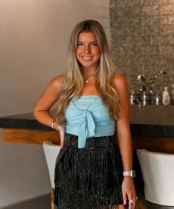 Nylon Apparel Metallic Belted Fringe Skirt - Black Women's Clothing