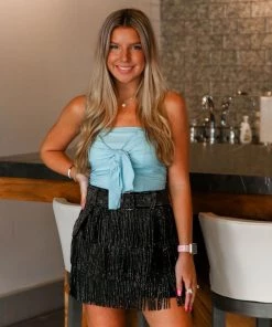 Nylon Apparel Metallic Belted Fringe Skirt - Black Women's Clothing