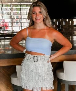 Nylon Apparel Metallic Belted Fringe Skirt - White Women's Clothing