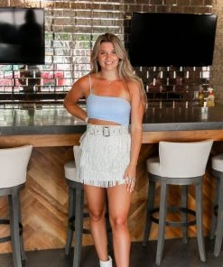 Nylon Apparel Metallic Belted Fringe Skirt - White Women's Clothing