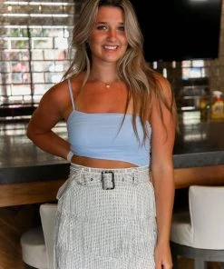 Nylon Apparel Metallic Belted Fringe Skirt - White Women's Clothing