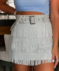 Nylon Apparel Metallic Belted Fringe Skirt - White Women's Clothing