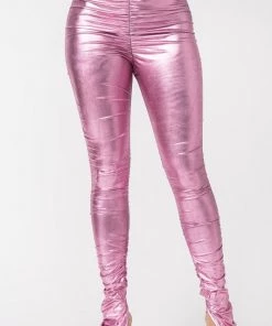 Boswell Fashion Metallic Pink Side Slit Flare Pants Women's Clothing