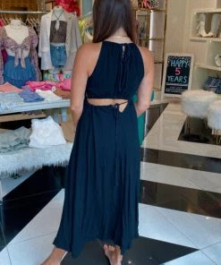 Papermoon Mila Cutout Drawstring Black Maxi Dress Women's Clothing
