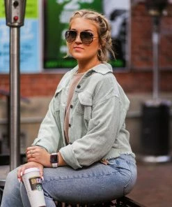 POL Mint Green Corduroy Distressed Hem Jacket