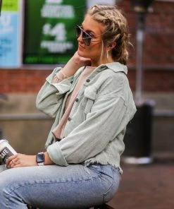 POL Mint Green Corduroy Distressed Hem Jacket