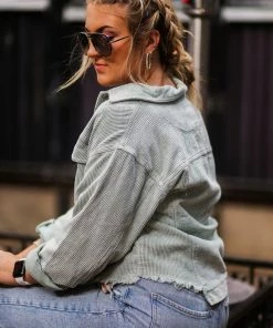 POL Mint Green Corduroy Distressed Hem Jacket