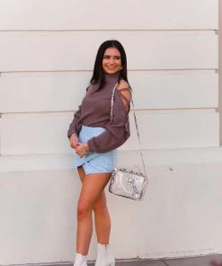 HYFVE Mocha Lace Up Shoulder Knit Sweater Women's Clothing