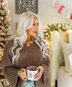 POL Mocha Ribbed Fleece Sweater Women's Clothing