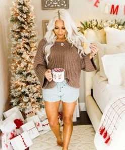 POL Mocha Ribbed Fleece Sweater Women's Clothing