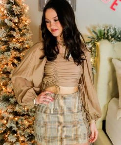 HYFVE Mocha Ruched Long Sleeve Crop Top Women's Clothing