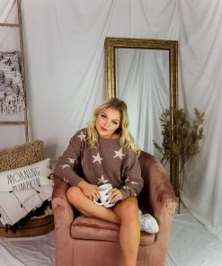 Blue B Women's Clothing Mocha Star Patterned Pullover Top