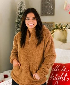 Zeanna Women's Clothing Mocha Teddy Half Zip Pullover