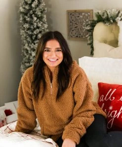 Zeanna Women's Clothing Mocha Teddy Half Zip Pullover