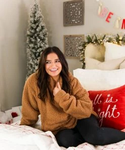 Zeanna Women's Clothing Mocha Teddy Half Zip Pullover