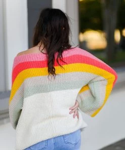 Time After Time Coral Multi Stripe Boatneck Sweater Women's Clothing