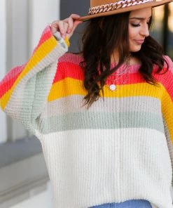 Time After Time Coral Multi Stripe Boatneck Sweater Women's Clothing