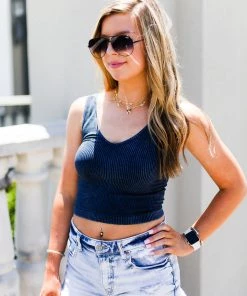 Nikibiki Navy Blue Acid Wash Ribbed Cropped Tank
