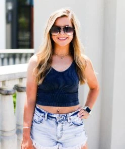 Nikibiki Navy Blue Acid Wash Ribbed Cropped Tank