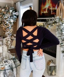 Le Lis Women's Clothing Navy Blue Lace Up Back Knit Sweater