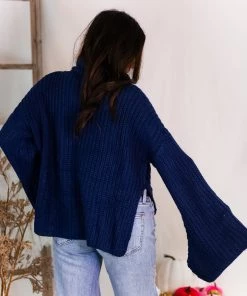 Glam Navy Blue Turtleneck Side Slit Sweater Women's Clothing 7 Glam Navy Blue Turtleneck Side Slit Sweater Women's Clothing