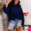 Glam Navy Blue Turtleneck Side Slit Sweater Women's Clothing