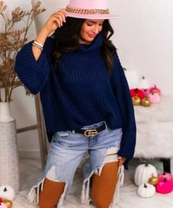 Glam Navy Blue Turtleneck Side Slit Sweater Women's Clothing