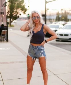 HYFVE Navy Blue V Cut Ribbed Knit Tank Top Women's Clothing