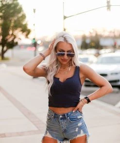 HYFVE Navy Blue V Cut Ribbed Knit Tank Top Women's Clothing 12 HYFVE Navy Blue V Cut Ribbed Knit Tank Top Women's Clothing