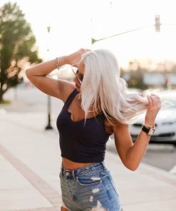 HYFVE Navy Blue V Cut Ribbed Knit Tank Top Women's Clothing