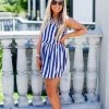 Entro Women's Clothing Navy Blue And White Striped One Shoulder Mini Dress
