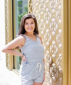 Hem & Thread Women's Clothing Navy Striped Ruffle Sleeve Romper