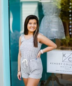 Hem & Thread Women's Clothing Navy Striped Ruffle Sleeve Romper