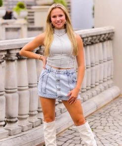 Le Lis Women's Clothing Oatmeal Contrast Stitch Sleeveless Top