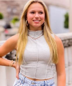 Le Lis Women's Clothing Oatmeal Contrast Stitch Sleeveless Top