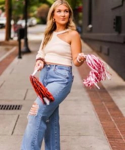 Le Lis Women's Clothing Oatmeal Ribbed Cutout One Shoulder Sweater