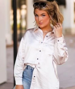 Glam Women's Clothing Oatmeal Satin Button Down Top