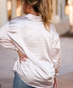 Glam Women's Clothing Oatmeal Satin Button Down Top