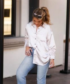 Glam Women's Clothing Oatmeal Satin Button Down Top