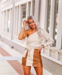 Le Lis Oatmeal Side Tie One Shoulder Sweater Women's Clothing