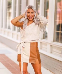 Le Lis Oatmeal Side Tie One Shoulder Sweater Women's Clothing