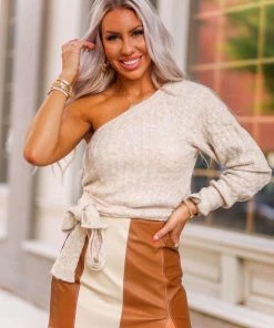Le Lis Oatmeal Side Tie One Shoulder Sweater Women's Clothing
