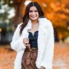 HYFVE Women's Clothing Off White Faux Fur Pea Coat